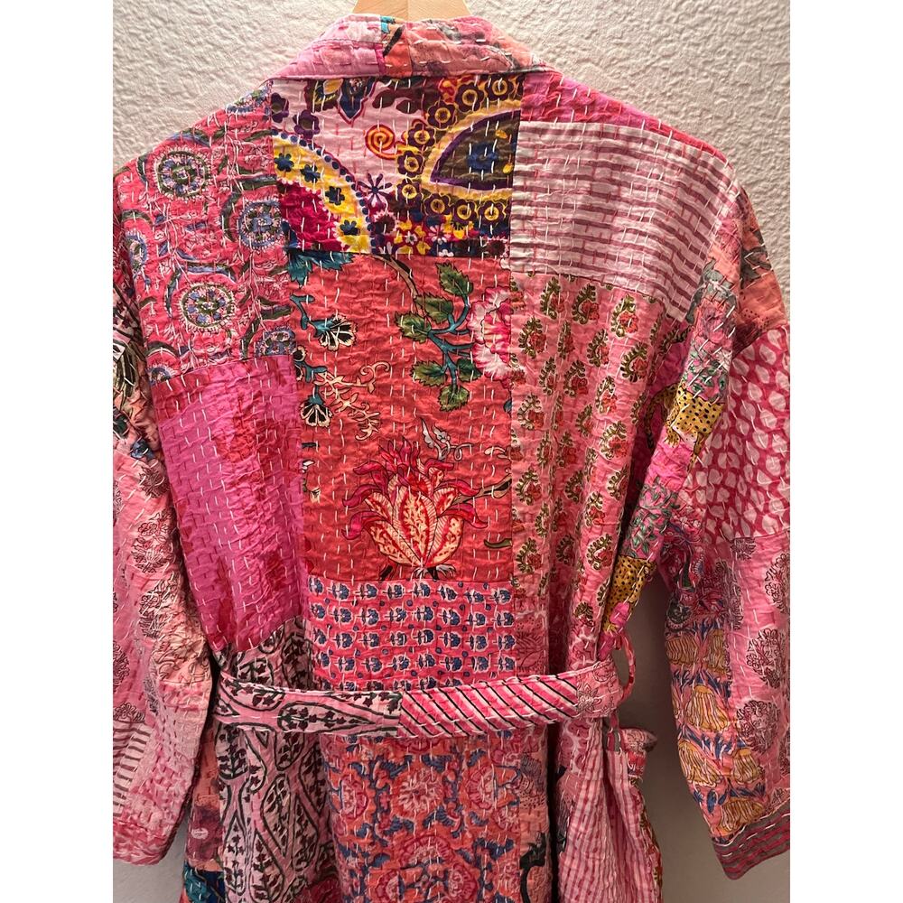Pink 100% Cotton Kantha Quilted Robe Patchwork Kimono Boho Belted One Size - Picture 6 of 7